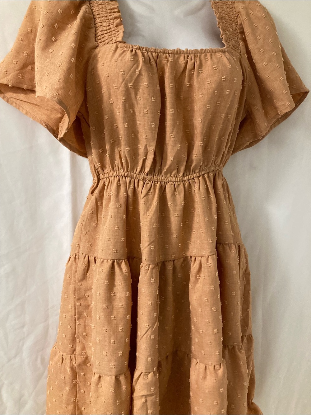 MINE Tan Swiss Dot Tiered Boho Mini Dress Size S
